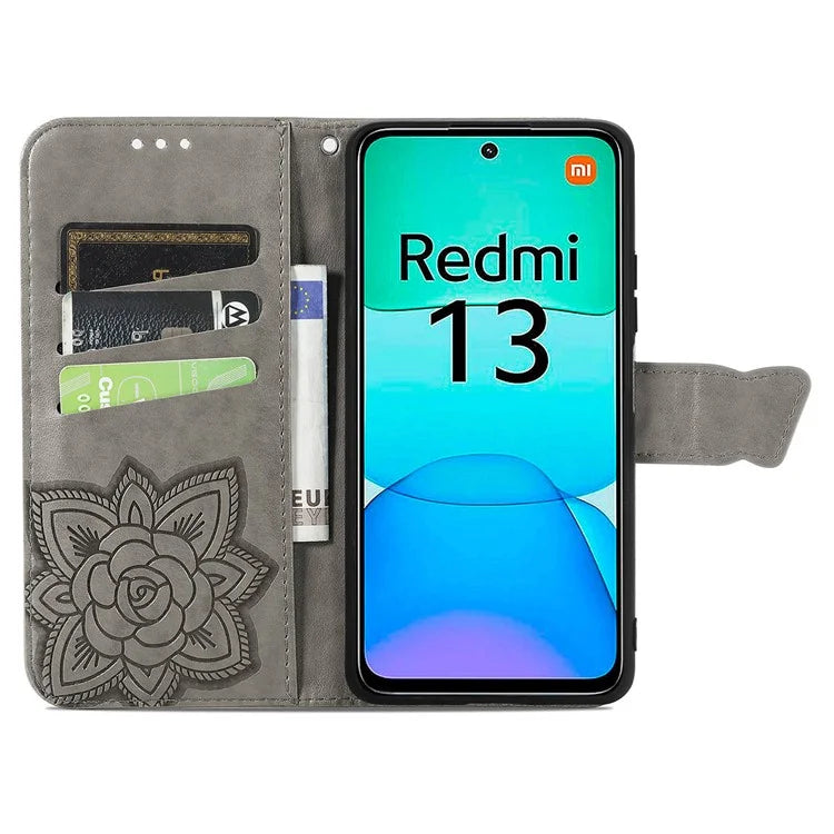 For Xiaomi Redmi 13 5G / 13 4G Case Stand PU Leather Phone Cover Butterfly and Flower Imprinted