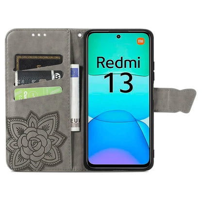 For Xiaomi Redmi 13 5G / 13 4G Case Stand PU Leather Phone Cover Butterfly and Flower Imprinted