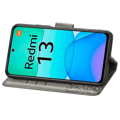 For Xiaomi Redmi 13 5G / 13 4G Case Stand PU Leather Phone Cover Butterfly and Flower Imprinted