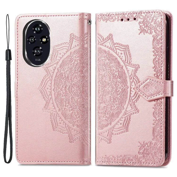 For Honor 200 5G Case PU Leather Flip Phone Cover Embossed Mandala Pattern Flower
