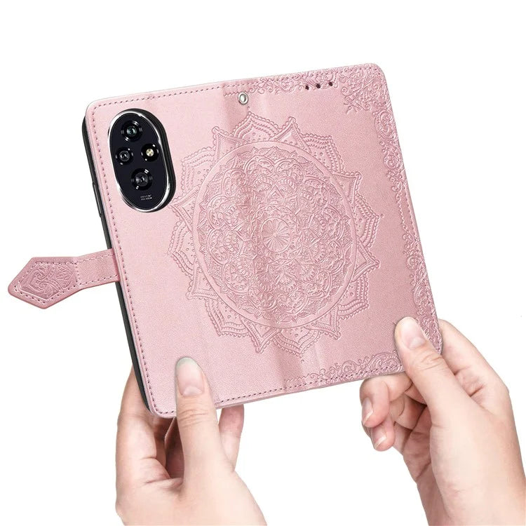 For Honor 200 5G Case PU Leather Flip Phone Cover Embossed Mandala Pattern Flower