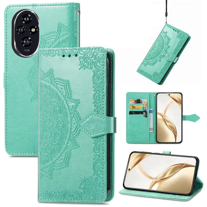 For Honor 200 5G Case PU Leather Flip Phone Cover Embossed Mandala Pattern Flower