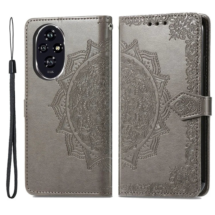 For Honor 200 5G Case PU Leather Flip Phone Cover Embossed Mandala Pattern Flower