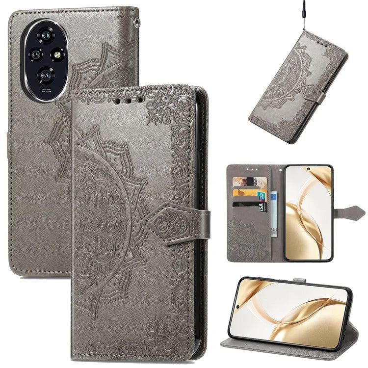 For Honor 200 5G Case PU Leather Flip Phone Cover Embossed Mandala Pattern Flower