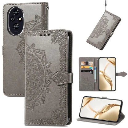 For Honor 200 5G Case PU Leather Flip Phone Cover Embossed Mandala Pattern Flower