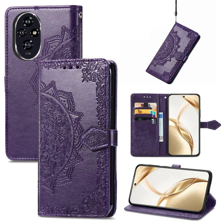 For Honor 200 5G Case PU Leather Flip Phone Cover Embossed Mandala Pattern Flower