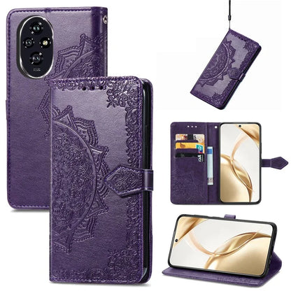 For Honor 200 5G Case PU Leather Flip Phone Cover Embossed Mandala Pattern Flower