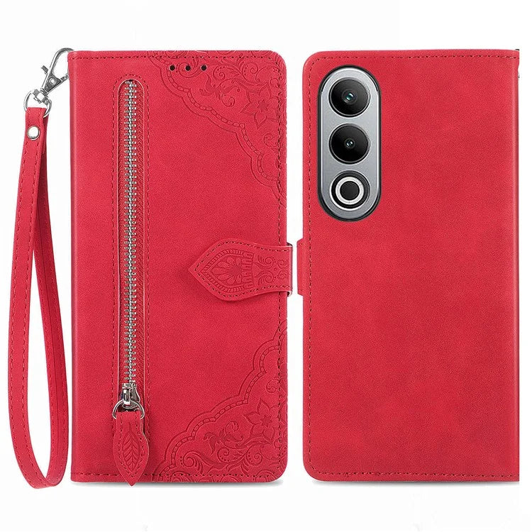 For OnePlus Nord CE4 5G Wallet Case Zipper Folio Leather Phone Cover Imprinted Floral