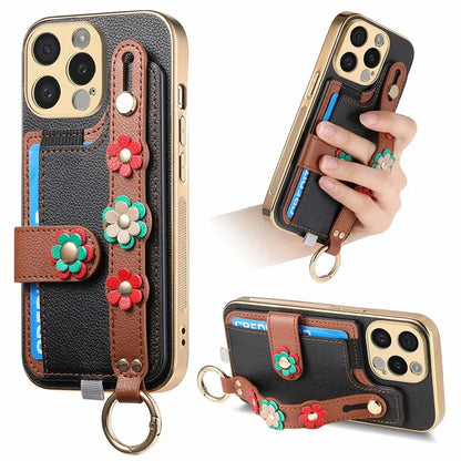 W2 For iPhone 15 Pro Max Case Wristband Leather Back Cover 3D Flower Decor