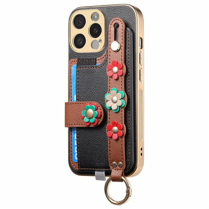 W2 For iPhone 15 Pro Max Case Wristband Leather Back Cover 3D Flower Decor