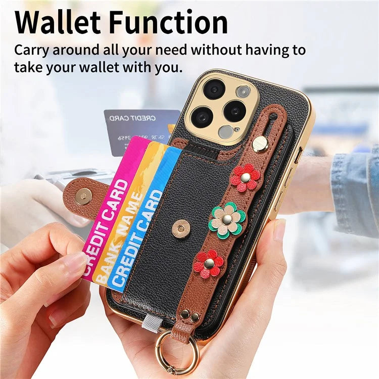 W2 For iPhone 15 Pro Max Case Wristband Leather Back Cover 3D Flower Decor