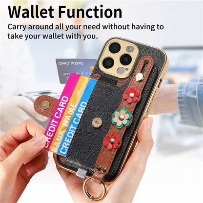 W2 For iPhone 15 Pro Max Case Wristband Leather Back Cover 3D Flower Decor