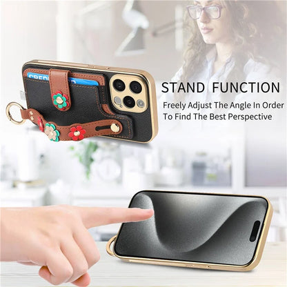 W2 For iPhone 15 Pro Max Case Wristband Leather Back Cover 3D Flower Decor