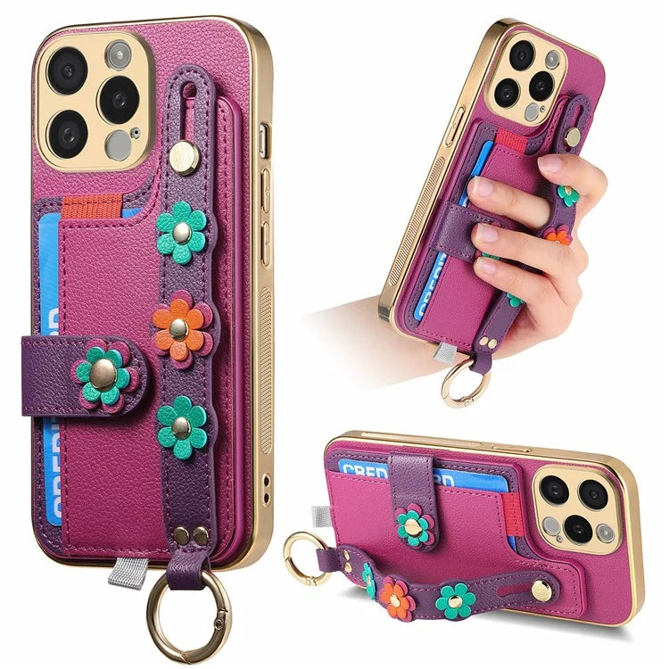 W2 For iPhone 15 Pro Max Case Wristband Leather Back Cover 3D Flower Decor