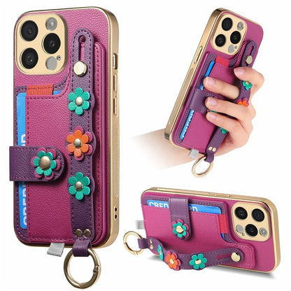 W2 For iPhone 15 Pro Max Case Wristband Leather Back Cover 3D Flower Decor