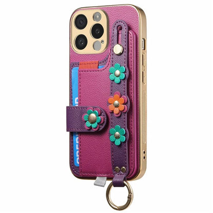 W2 For iPhone 15 Pro Max Case Wristband Leather Back Cover 3D Flower Decor