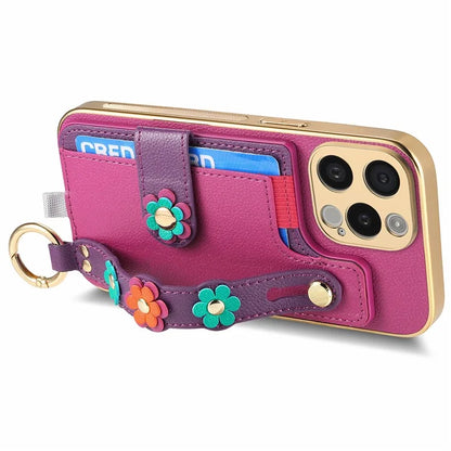 W2 For iPhone 15 Pro Max Case Wristband Leather Back Cover 3D Flower Decor