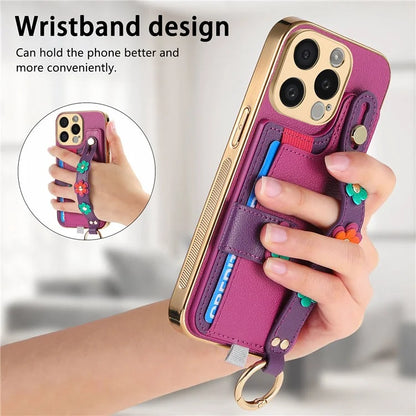 W2 For iPhone 15 Pro Max Case Wristband Leather Back Cover 3D Flower Decor