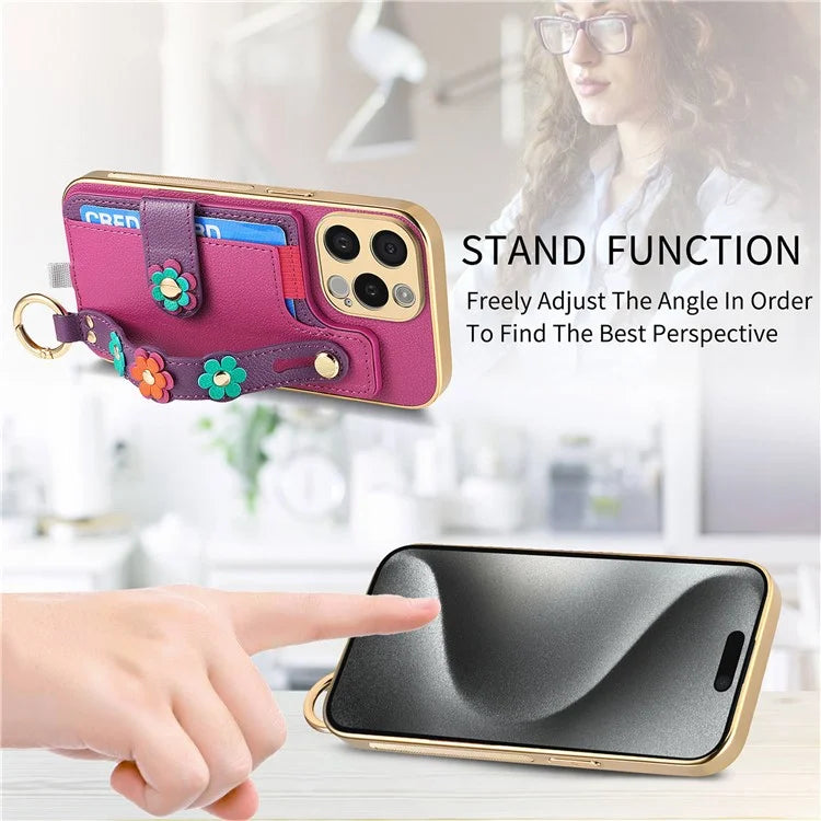 W2 For iPhone 15 Pro Max Case Wristband Leather Back Cover 3D Flower Decor