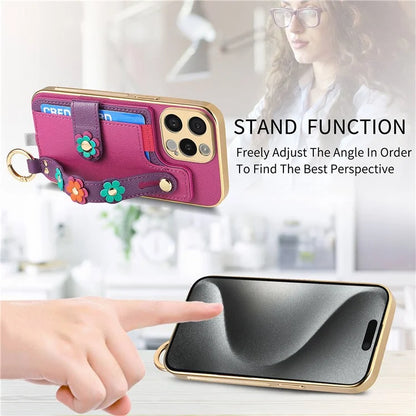 W2 For iPhone 15 Pro Max Case Wristband Leather Back Cover 3D Flower Decor