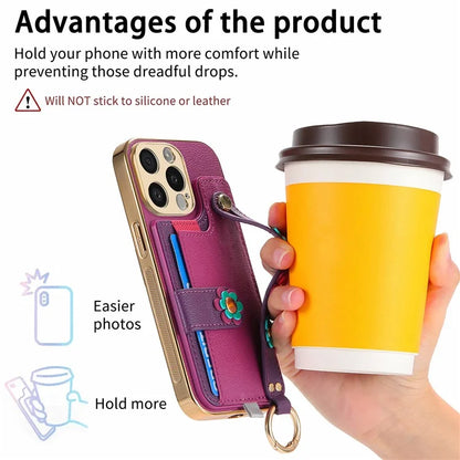 W2 For iPhone 15 Pro Max Case Wristband Leather Back Cover 3D Flower Decor