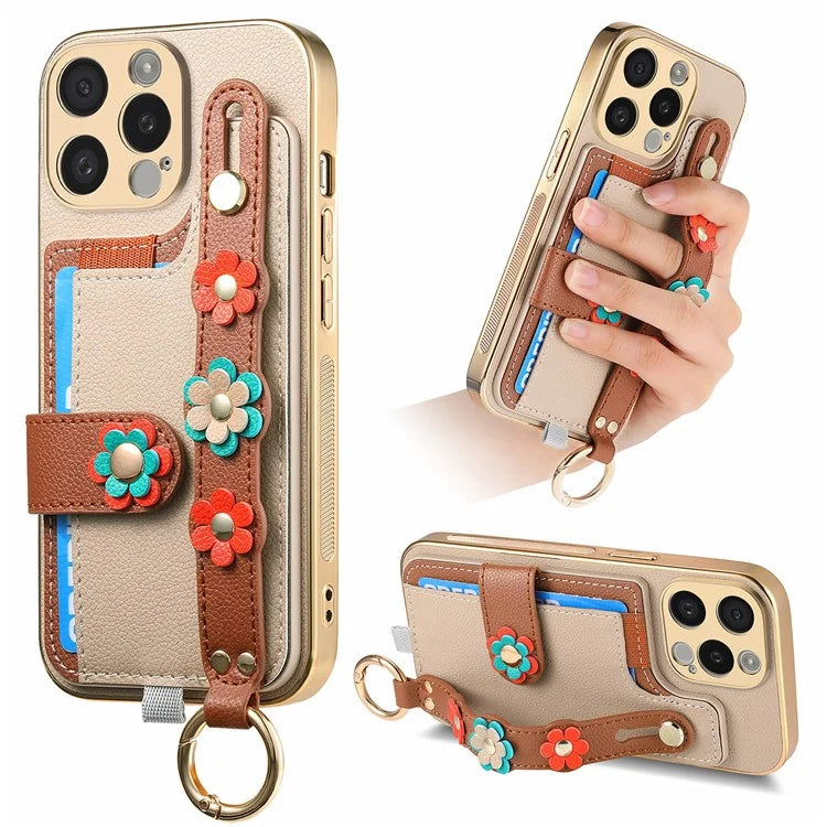 W2 For iPhone 15 Pro Max Case Wristband Leather Back Cover 3D Flower Decor