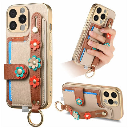 W2 For iPhone 15 Pro Max Case Wristband Leather Back Cover 3D Flower Decor