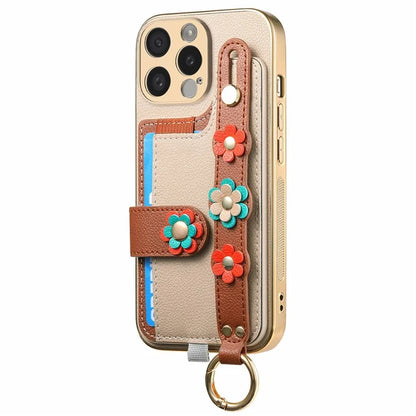 W2 For iPhone 15 Pro Max Case Wristband Leather Back Cover 3D Flower Decor