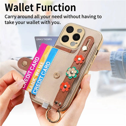 W2 For iPhone 15 Pro Max Case Wristband Leather Back Cover 3D Flower Decor