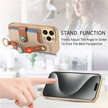 W2 For iPhone 15 Pro Max Case Wristband Leather Back Cover 3D Flower Decor