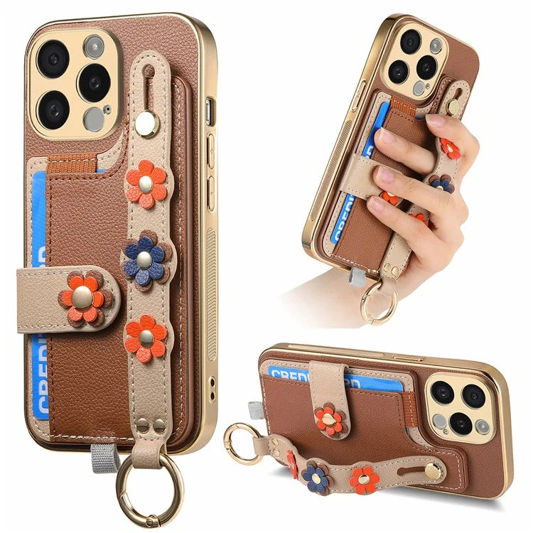 W2 For iPhone 15 Pro Max Case Wristband Leather Back Cover 3D Flower Decor