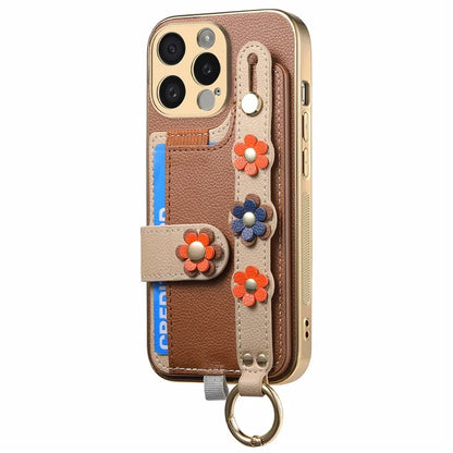 W2 For iPhone 15 Pro Max Case Wristband Leather Back Cover 3D Flower Decor
