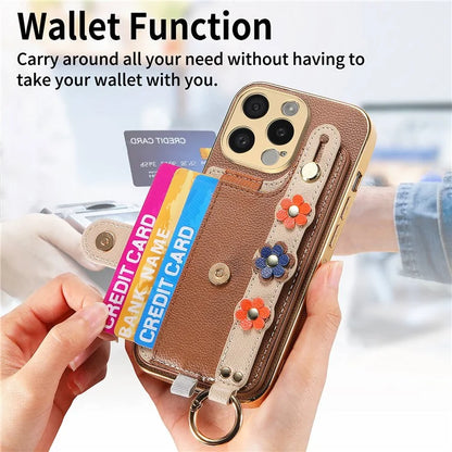 W2 For iPhone 15 Pro Max Case Wristband Leather Back Cover 3D Flower Decor