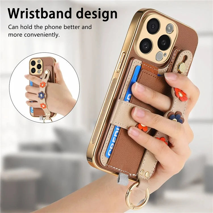 W2 For iPhone 15 Pro Max Case Wristband Leather Back Cover 3D Flower Decor