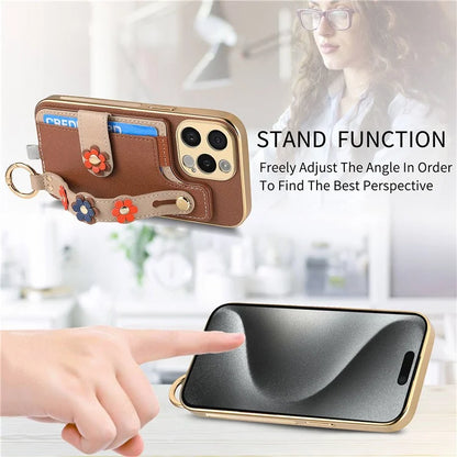 W2 For iPhone 15 Pro Max Case Wristband Leather Back Cover 3D Flower Decor