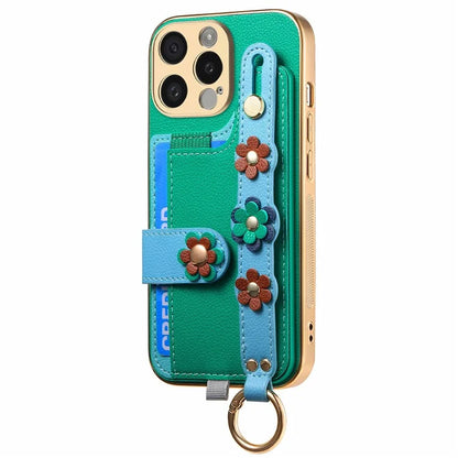 W2 For iPhone 15 Pro Max Case Wristband Leather Back Cover 3D Flower Decor