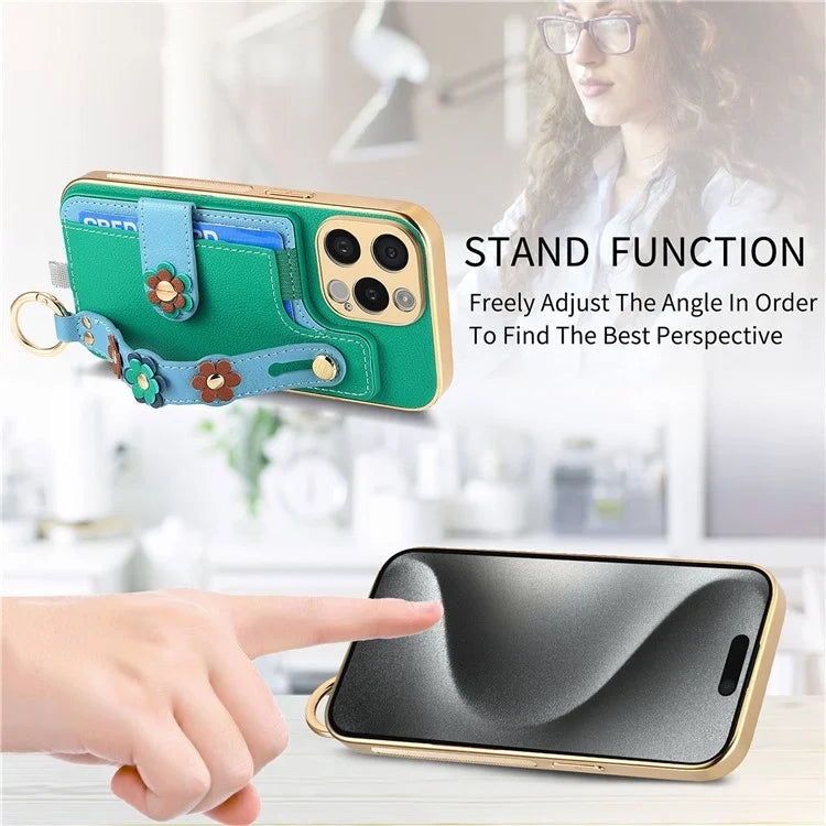 W2 For iPhone 15 Pro Max Case Wristband Leather Back Cover 3D Flower Decor
