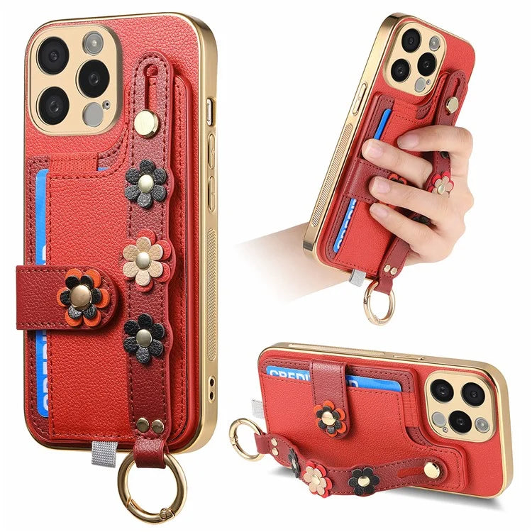 W2 For iPhone 15 Pro Max Case Wristband Leather Back Cover 3D Flower Decor