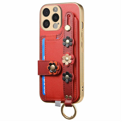 W2 For iPhone 15 Pro Max Case Wristband Leather Back Cover 3D Flower Decor