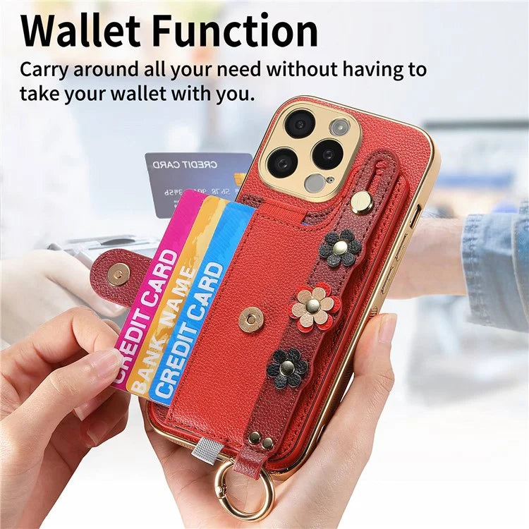 W2 For iPhone 15 Pro Max Case Wristband Leather Back Cover 3D Flower Decor