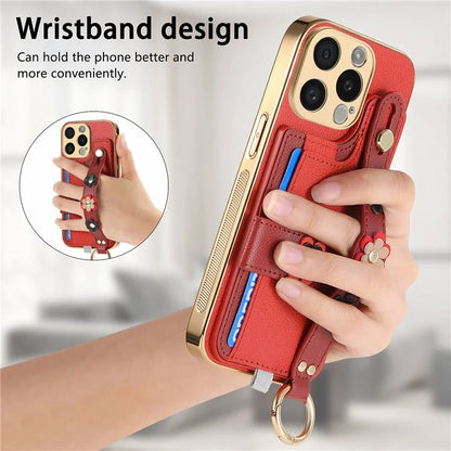 W2 For iPhone 15 Pro Max Case Wristband Leather Back Cover 3D Flower Decor