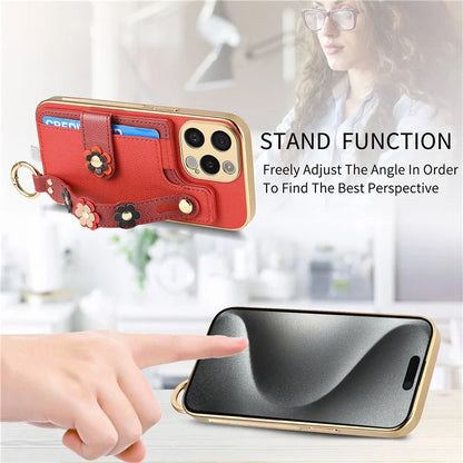 W2 For iPhone 15 Pro Max Case Wristband Leather Back Cover 3D Flower Decor