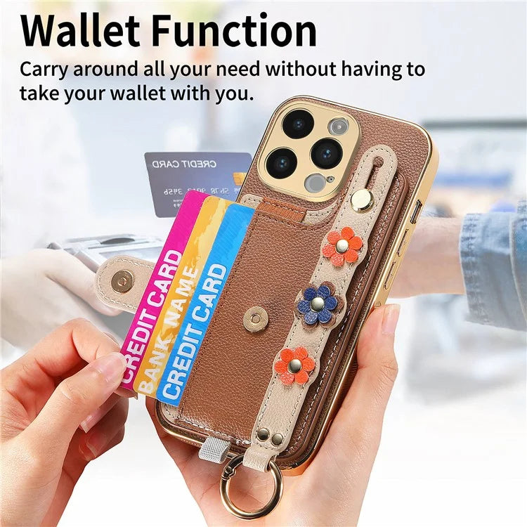 W2 For iPhone 14 Pro Max Case Kickstand Leather Back Protective Cover 3D Flower