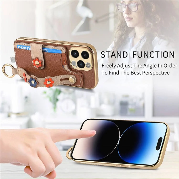 W2 For iPhone 14 Pro Max Case Kickstand Leather Back Protective Cover 3D Flower