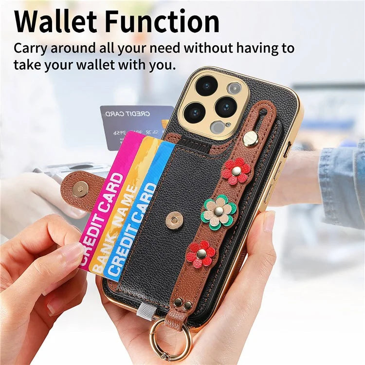 W2 For iPhone 14 Pro Max Case Kickstand Leather Back Protective Cover 3D Flower