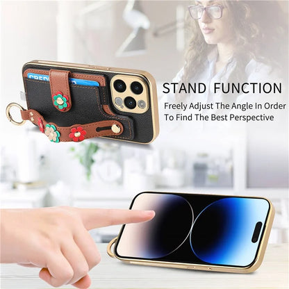 W2 For iPhone 14 Pro Max Case Kickstand Leather Back Protective Cover 3D Flower