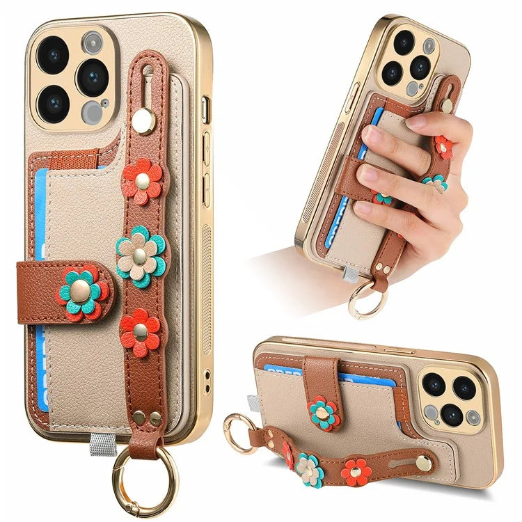 W2 For iPhone 14 Pro Max Case Kickstand Leather Back Protective Cover 3D Flower
