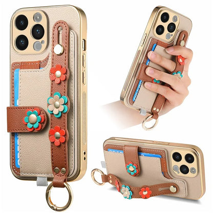 W2 For iPhone 14 Pro Max Case Kickstand Leather Back Protective Cover 3D Flower