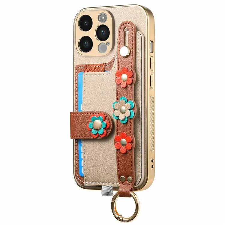 W2 For iPhone 14 Pro Max Case Kickstand Leather Back Protective Cover 3D Flower