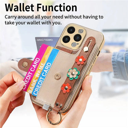 W2 For iPhone 14 Pro Max Case Kickstand Leather Back Protective Cover 3D Flower